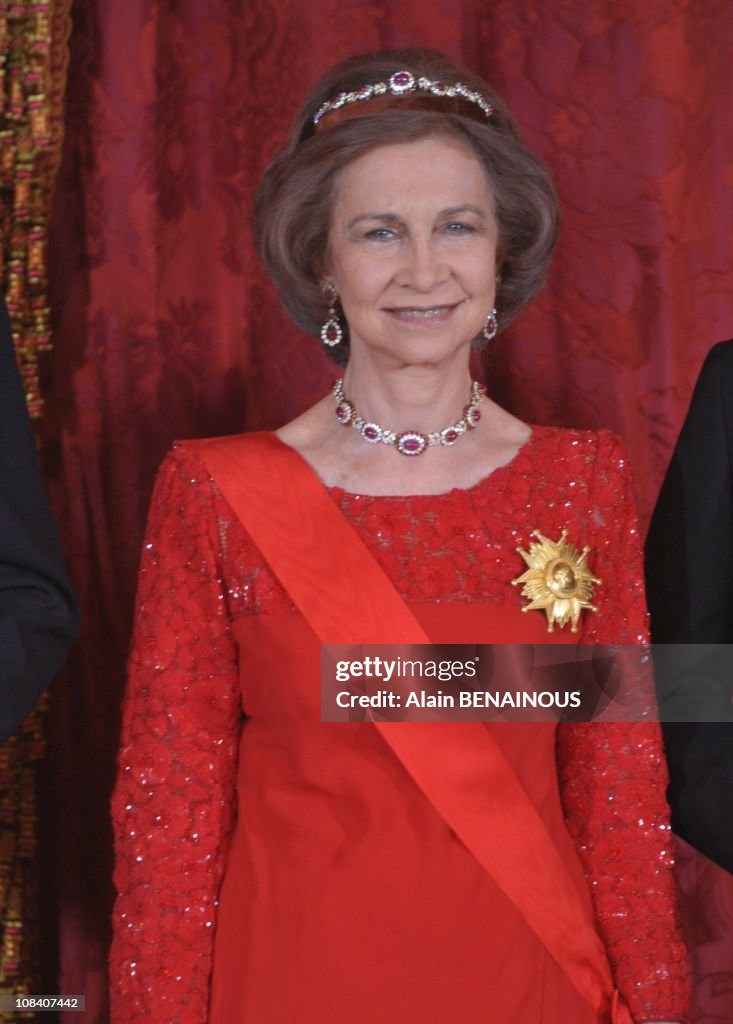 State visit of the French president Nicolas Sarkozy and his wife Carla Sarkozy in Spain ,official ceremony at the Palacio Real with the King Juan Carlos, the queen Sofia of Spain,prince Felipe, Princess Letizia and State diner in Madrid, Spain on April 27