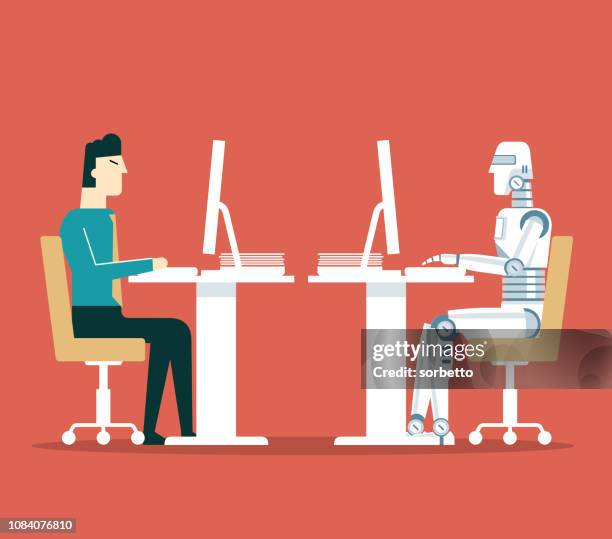 ilustraciones, imágenes clip art, dibujos animados e iconos de stock de empresario vs robot - reemplazo