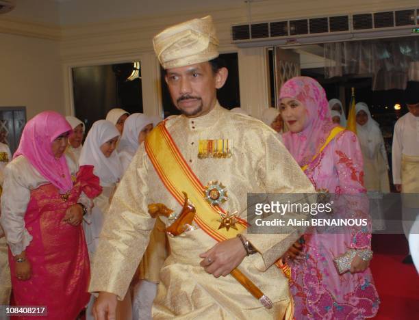 The royal family the Sultan Hassanal Bolkiah and Duli Yang Mulia Pengiran Isteri Azrinaz Mazhar during the Royal Istiadat Berbedak Ceremony at the...
