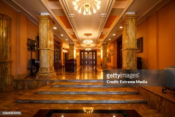 majestic entrance with steps and marble pillars - luxury mansion interior stock pictures, royalty-free photos & images