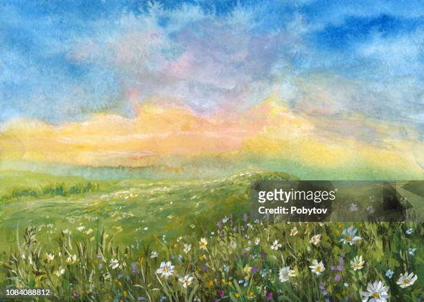 watercolor summer landscape - spring watercolor background stock illustrations