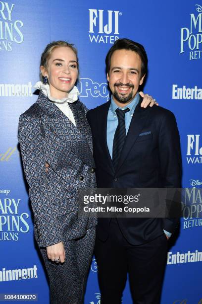 Actress Emily Blunt and actor/playwright Lin-Manuel Miranda attend the "Mary Poppins Returns" hosted by The Cinema Society at SVA Theater on December...