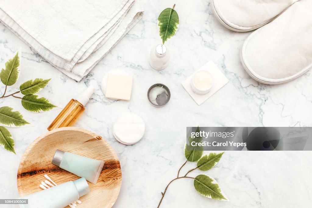 Organic spa cosmetic on marble background