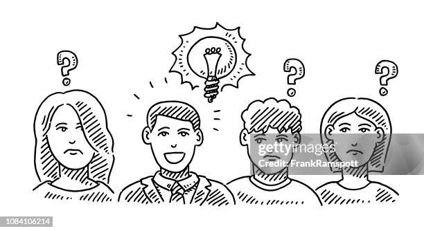 four people rivalry jealousy idea drawing - question face stock illustrations