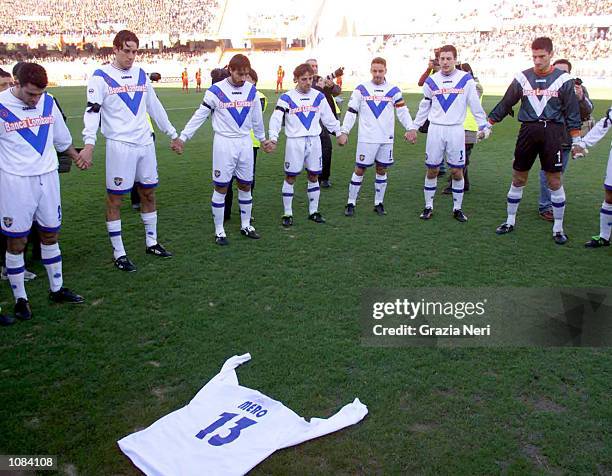 Players of Brescia remembering their dead team mate Vittorio Mero before the start of the Serie A 20th Round League match played between Lecce and...