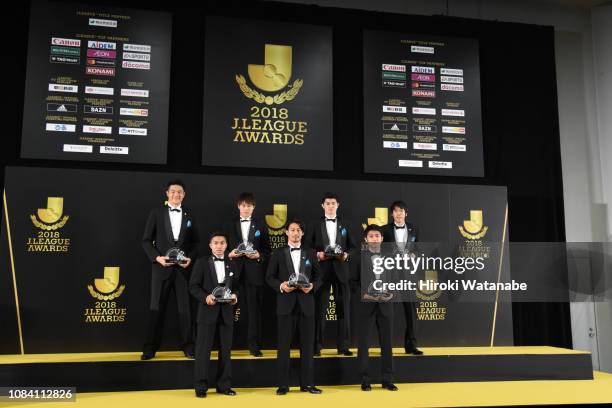 Best Eleven players Chanathip Songkrasin of Consadole Sapporo, Akihiro Ienaga of Kawasaki Frontale, Ryota Oshima of Kawasaki Frontale, Jung Sung...