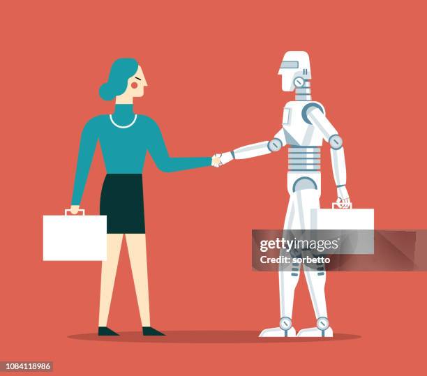businesswoman and robot shaking hands - robot funny stock illustrations