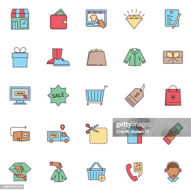 shopping and retail thin line icon set - shoe window display stock illustrations