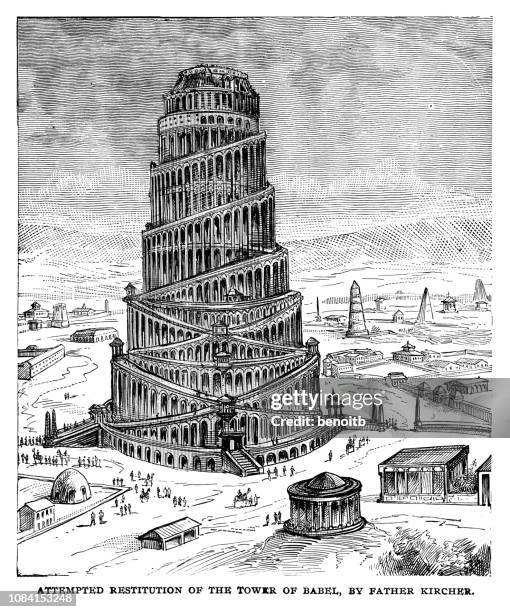 attempted restitution of the tower of babel by father kircher - ancient babylon stock illustrations