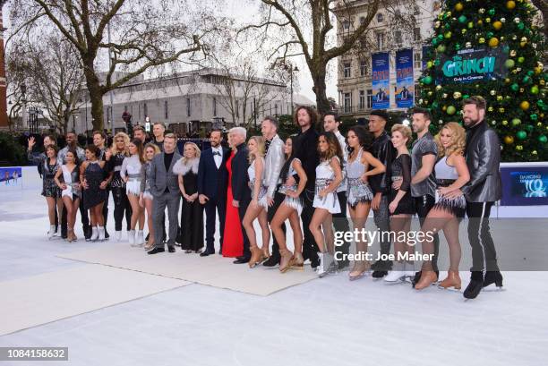 The full cast during a photocall for the new series of Dancing On Ice at Natural History Museum Ice Rink on December 18, 2018 in London, England.