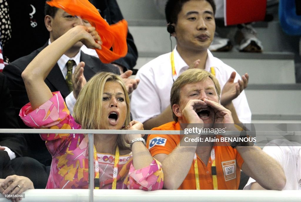 Prince Willem-Alexander of the Netherlands and Princess Maxima attend women's 4x100-meter freestyle relay final at the Olympic National Aquatic Center in Beijing, China on August 10th, 2008.