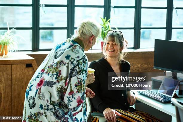 two female friends chatting and laughing in office - telling tales stock pictures, royalty-free photos & images