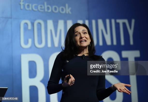 Facebook Chief Operating Officer Sheryl Sandberg speaks during a Facebook Community Boost event at the Knight Center on December 18, 2018 in Miami,...