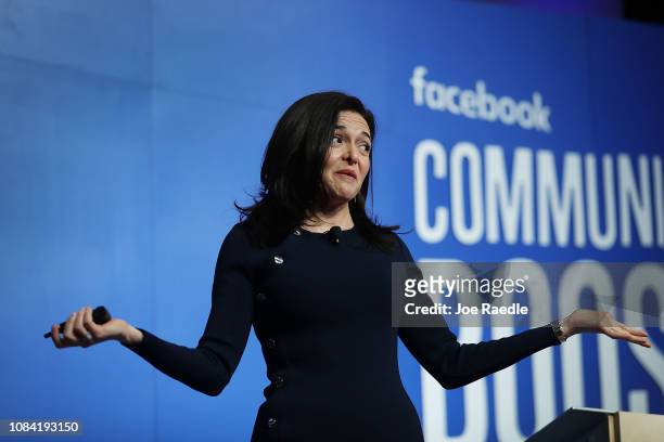 Facebook Chief Operating Officer Sheryl Sandberg speaks during a Facebook Community Boost event at the Knight Center on December 18, 2018 in Miami,...