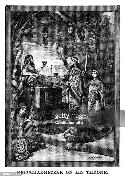 nebuchadnezzar on his throne - ancient babylon stock illustrations