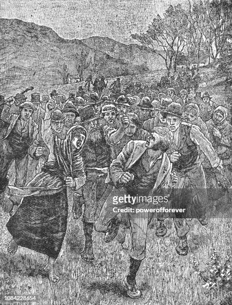peasants chasing a landlord in rural ireland - 19th century - ireland landscape stock illustrations