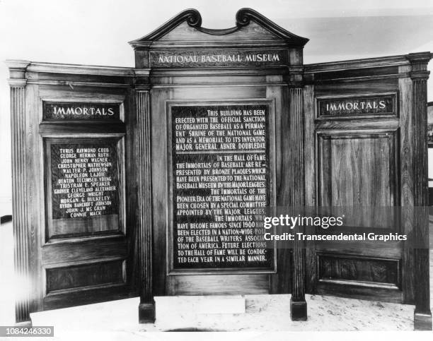 View of the dedication plaque at the National Baseball Hall of Fame and Museum, Cooperstown, New York, summer 1939.