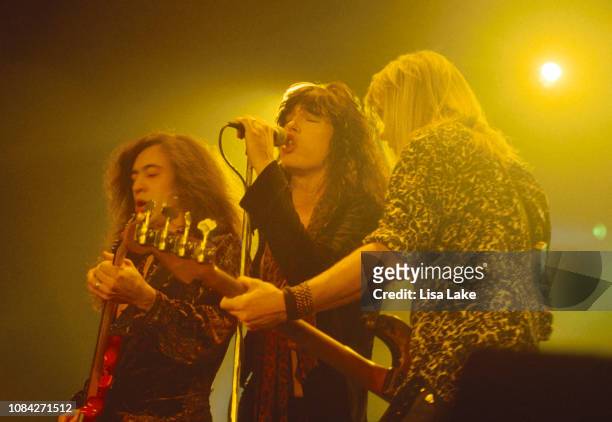 Guitarist Jeff Labar, singer Tom Keifer and bassist Eric Brittingham, of the band Cinderella, perform at Stabler Arena on May 7, 1991 in Bethlehem,...