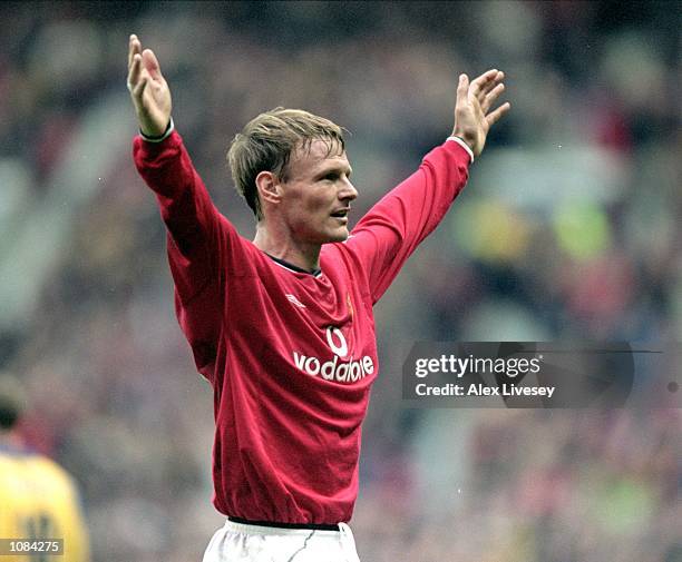 Teddy Sheringham of Manchester United celebrates during the FA Carling Premiership match against Southampton played at Old Trafford, in Manchester,...