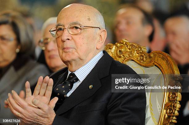 President of Italian Republic, Giorgio Napolitano, cheers during a ceremony for the Iternational Holocaust Remembrance Day at Quirinale on January...