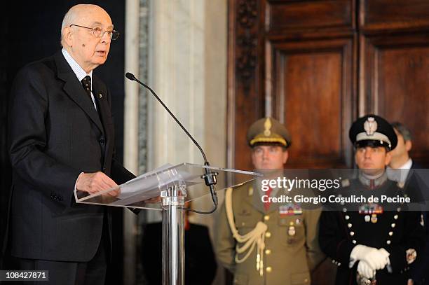 President of Italian Republic, Giorgio Napolitano, gives a speech during a ceremony for the Iternational Holocaust Remembrance Day at Quirinale on...