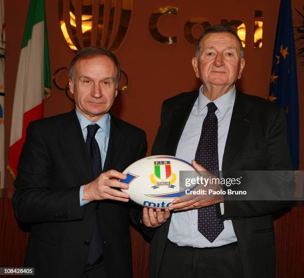 Giovanni Petrucci President of CONI poses with Giancarlo Dondi President of FIR during a press conference ahead of the RBS Six Nations Championship...