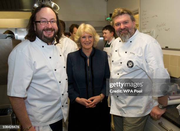 Camilla, Duchess of Cornwall and Hairy Bikers Dave Myers and Si King attend the British Food Fortnight Secondary School Competition at Clarence...