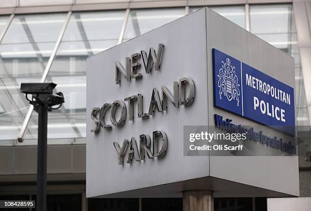 General view of the sign for the New Scotland Yard building in Victoria on January 27, 2011 in London, England. The Metropolitan Police have reopened...