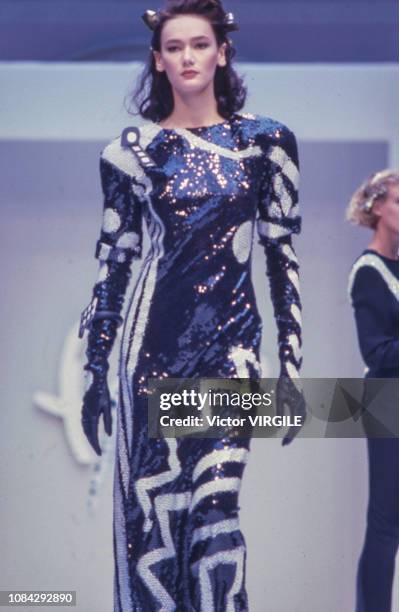 Model walks the runway at the Per Spook Haute Couture Spring/Summer 1987 fashion show during the Paris Fashion Week in January, 1987 in Paris, France.