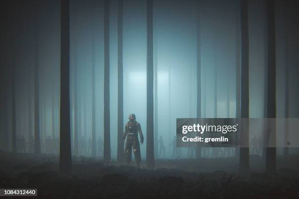 futuristic apocalypse soldier with zombie army - military confrontation stock pictures, royalty-free photos & images