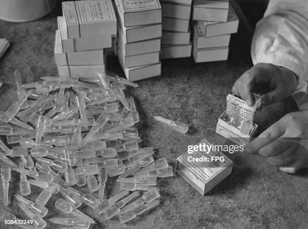 Packing ampoules of the BCG vaccine for tuberculosis developed by the Pasteur Institute in Paris, France in 1931.