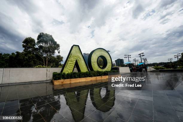 Tennis balls inside an Australian Open logo sign ahead of day five of the 2019 Australian Open at Melbourne Park on January 18, 2019 in Melbourne,...