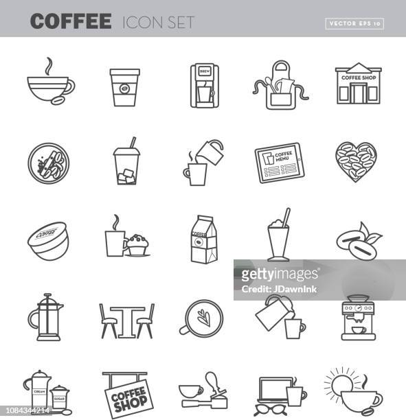 stockillustraties, clipart, cartoons en iconen met koffie platte lijn kunst schets ontwerp icon set - capsule café