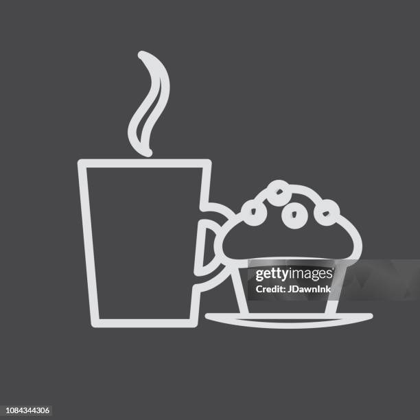 coffee cup with muffin flat line art outline design icon set - muffin stock illustrations