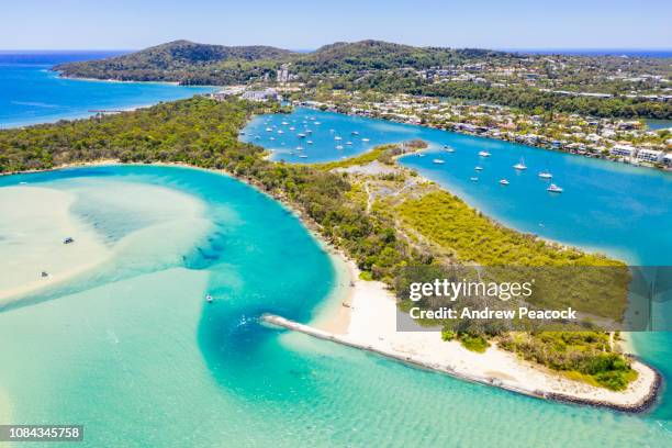 an aerial view of noosa river and the ocean at noosa heads - noosa heads stock pictures, royalty-free photos & images