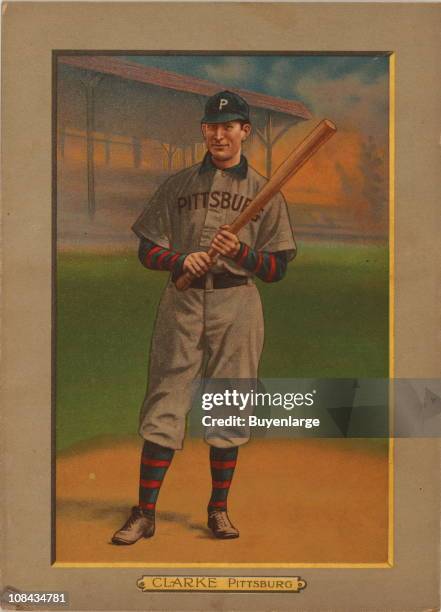 Illustrated trade card depicts American Baseball Hall of Fame left fielder Fred Clarke of the Pittsburgh Pirates, 1911.