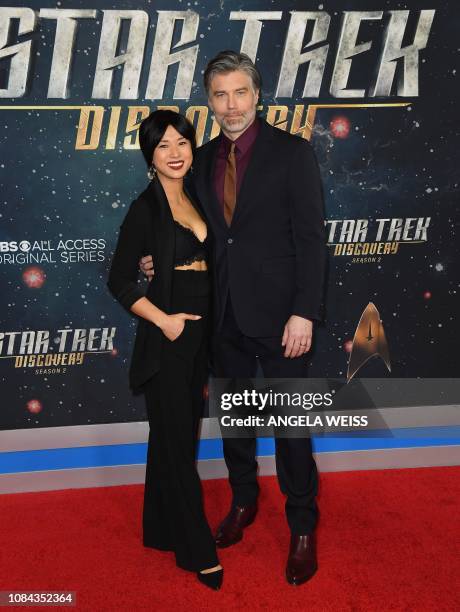 Actor Anson Mount and his wife Darah Trang attend the "Star Trek: Discovery" Season 2 Premiere at Conrad New York on January 17, 2019 in New York...