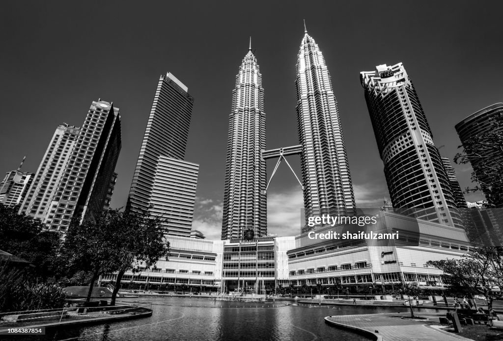 KLCC Malaysia landmark building in black and white