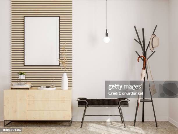 interior del vestíbulo moderno con marco, colgar paraguas y zapato gabinete - ingresos fotografías e imágenes de stock