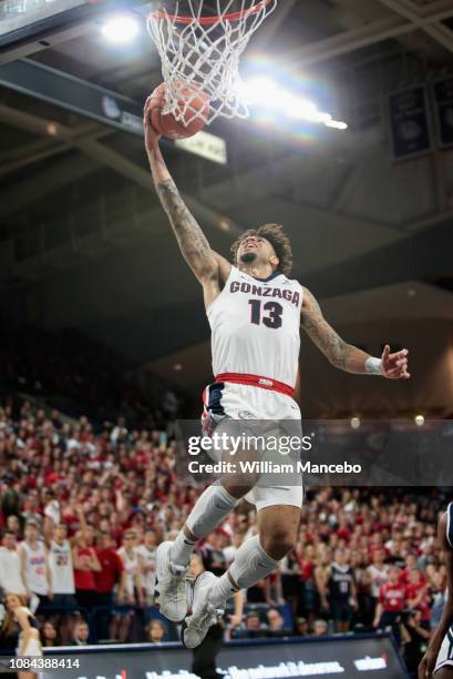 Josh Perkins of the Gonzaga Bulldogs goes to the basket against the Loyola Marymount Lions in the first half at McCarthey Athletic Center on January...