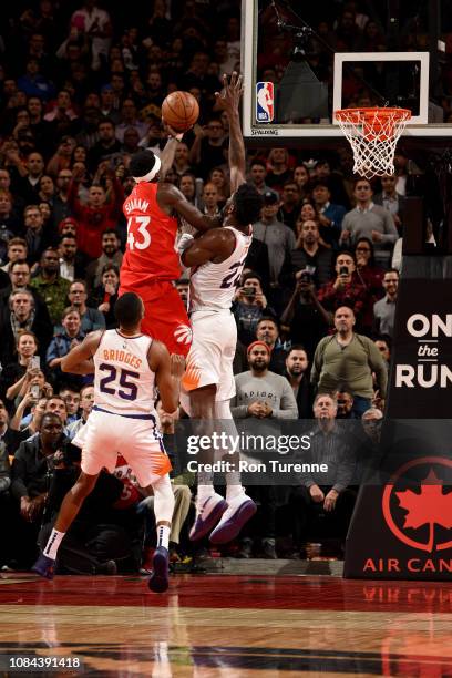 Pascal Siakam of the Toronto Raptors hits the game winning basket during the game against the Phoenix Suns on January 17, 2019 at the Scotiabank...
