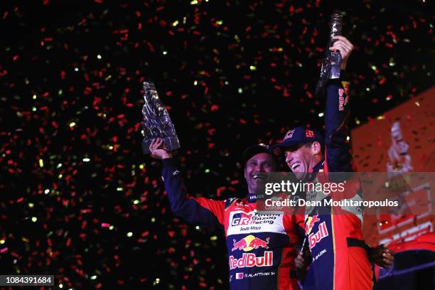 Toyota Gazoo Racing Sa no. 301 TOYOTA HILUX car driven by Nasser Al-Attiyah of Qatar and Matthieu Baumel of France celebrates victory and their 1st...