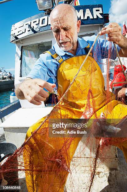 fisherman taking fish out of nets - altea spain stock pictures, royalty-free photos & images