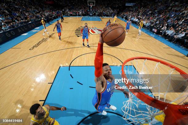 Oklahoma City Thunder guard Russell Westbrook dunks the ball during the game against the Los Angeles Lakers on January 17, 2019 at Chesapeake Energy...