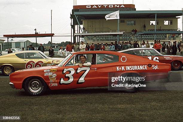 Sam McQuagg with his 1967 Dodge Charger at Daytona International Speedway. McQuagg started 10th in the Daytona 500 but a blown engine dropped him to...