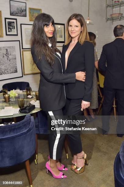 Jameela Jamil and Fuschia Kate Sumner attend Sergio Rossi & Elizabeth Stewart Celebrate Capsule Collection at Pop-Up at Westfield Century City on...