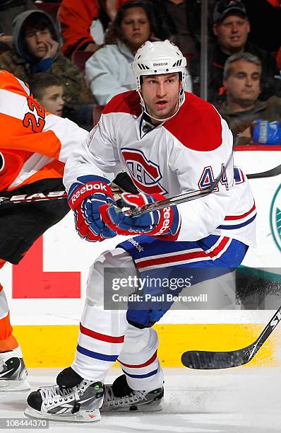 Roman Hamrlik of the Montreal Canadiens skates in an NHL hockey game against the Philadelphia Flyers at the Wells Fargo Center on January 25, 2011 in...