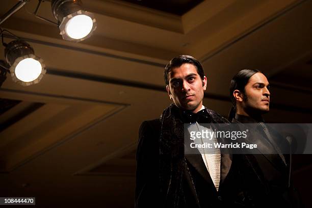 Male models showcase the designs of Ammar Belal at the Islamabad Fashion Week, on 27 January in Islamabad, Pakistan. Renowned Pakistani fashion...