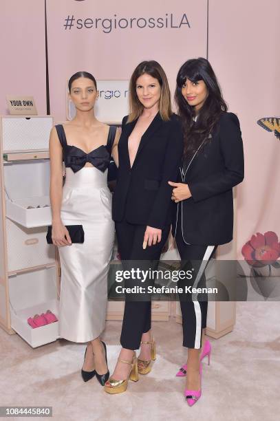 Angela Sarafyan, Fuschia Kate Sumner and Jameela Jamil attend Sergio Rossi & Elizabeth Stewart Celebrate Capsule Collection at Pop-Up at Westfield...