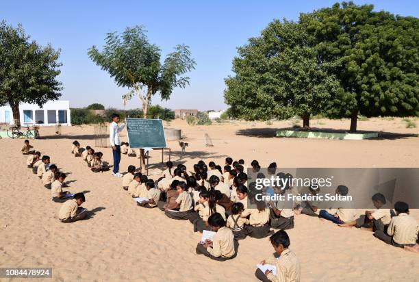 Small school in a village of shepherds and farmers near Bikaner in Rajasthan on November 24, 2018 in India.